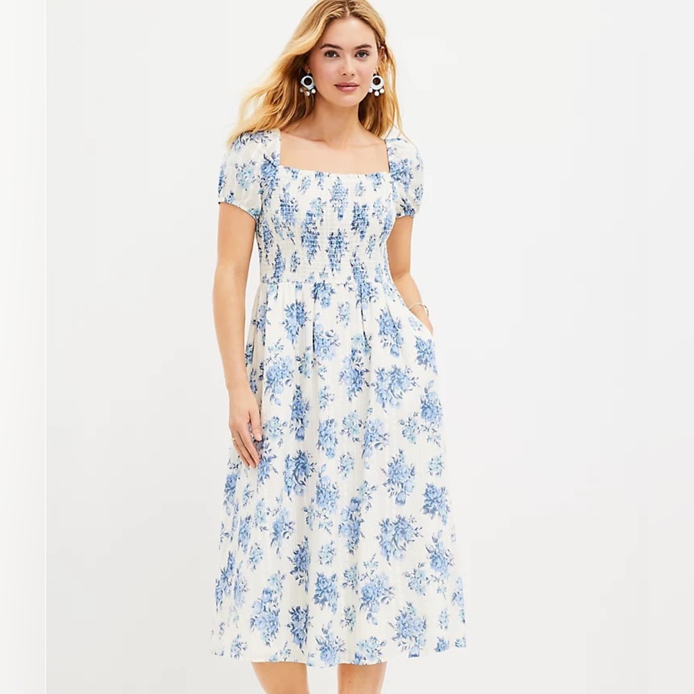 Blue Floral Smocked Puff Sleeve Midi Pocket Dress LOFT
